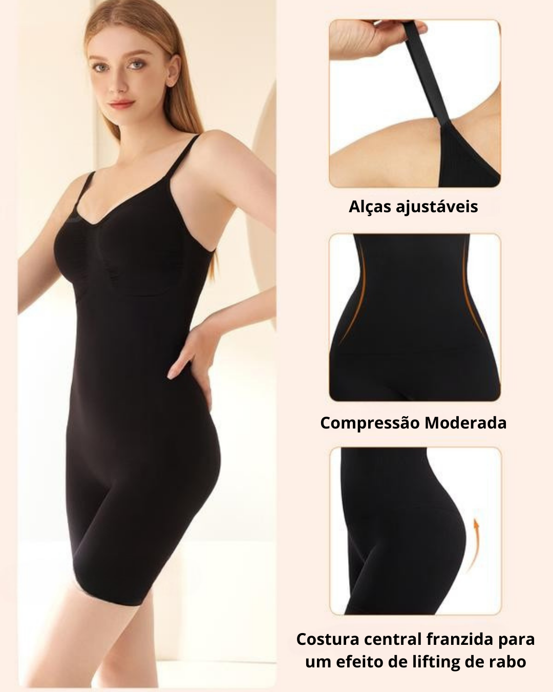 Body Modelador com Controlo da Barriga, Tanga sem Costuras e Efeito Adelgaçante nas Coxas