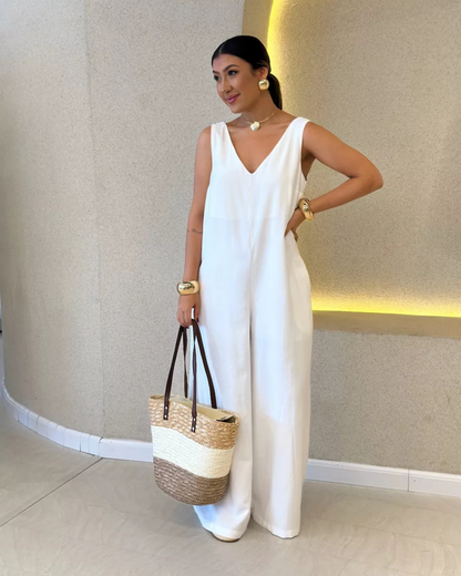 Macacão Casual de Cor Lisa com Decote em V para Mulher