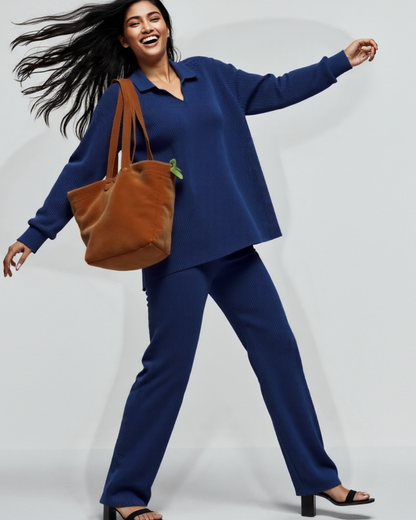 Conjunto folgado de duas peças com camisola com decote em V para mulher