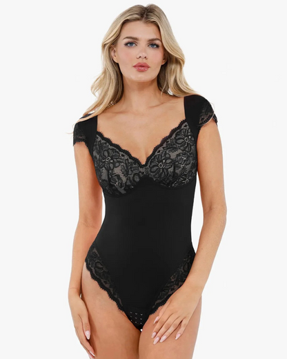 Body para Modelar o Corpo com Copa de Renda Adelgaçante e Mangas Curtas