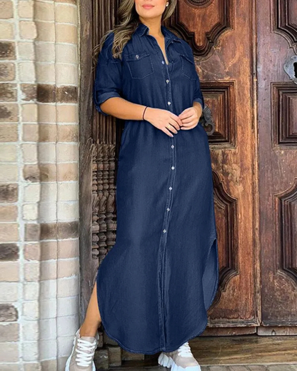 Vestido informal com abertura e botões para mulher