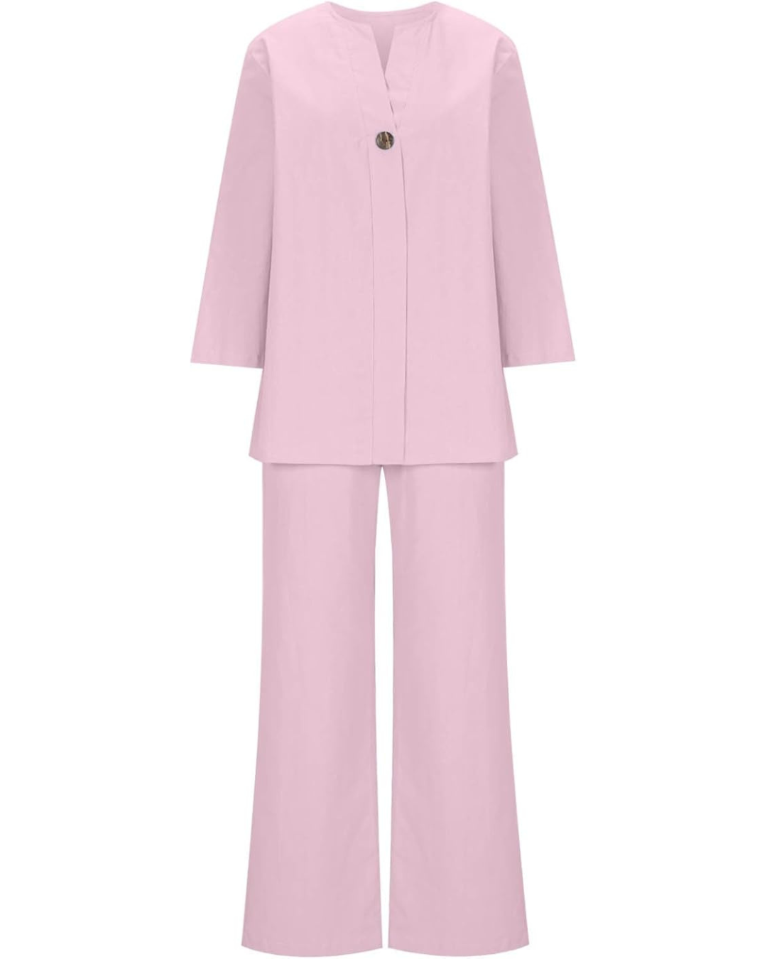 Conjunto casual feminino de duas peças em algodão e linho com decoração de botões