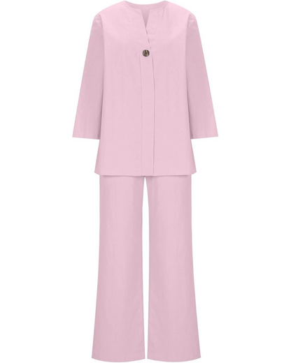 Conjunto casual feminino de duas peças em algodão e linho com decoração de botões