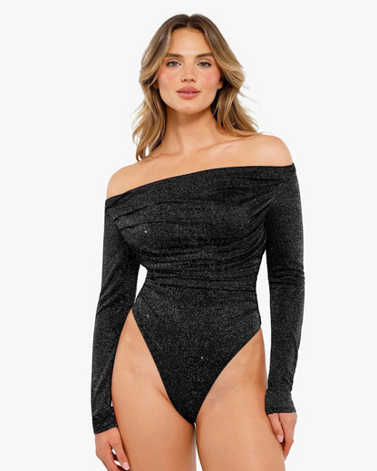 Body Modelador de Manga Longa com Tecido Metalizado Brilhante