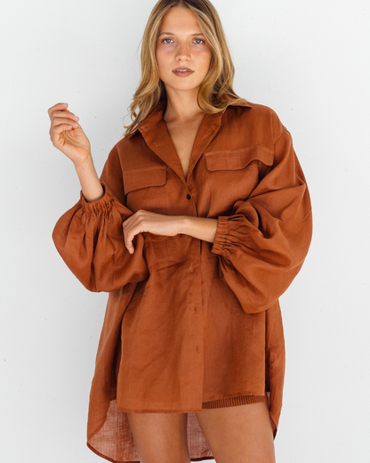 Camisa de Linho de Tamanho Grande para Mulher com Design Casual e Mangas Bufantes