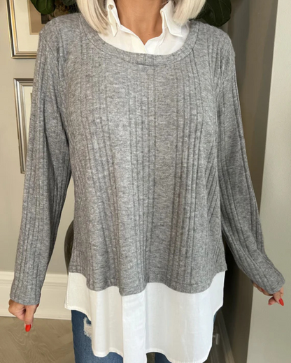 Blusa de Duas Peças com Lapela e Mangas Compridas com Remendos Casuais