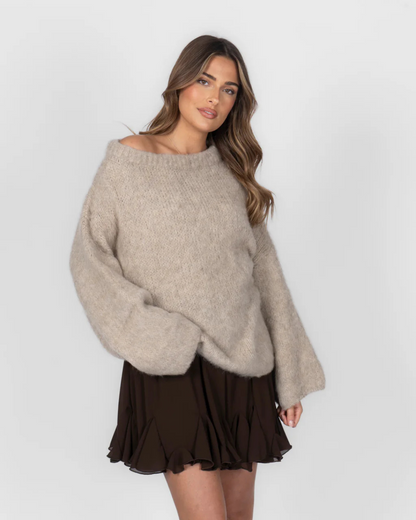 Camisola de malha ultra macia com ombros descobertos para mulher