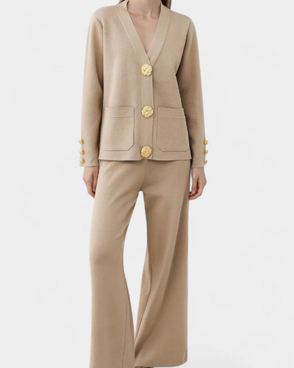 Conjunto de camisola de lã com botões metálicos e calças largas para mulher