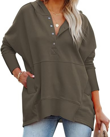 Camisola de Manga Comprida de Tamanho Grande com Decote em V e Botões