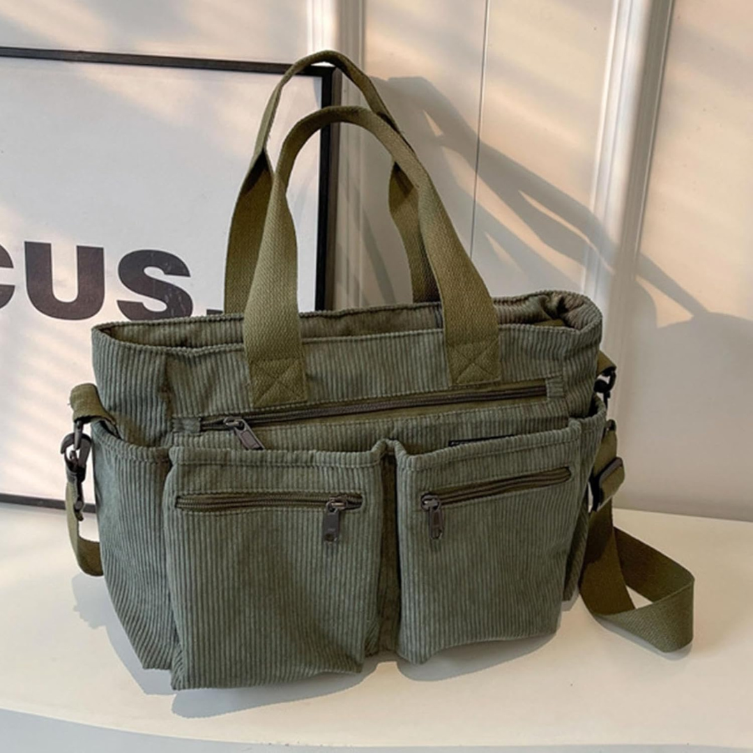 Bolsa de Bombazina com Vários Compartimentos e Design Casual, Ideal para o Dia a Dia e para Viagens.