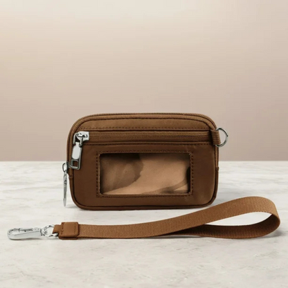 Mini carteira de nylon com janela de identificação e fecho de correr