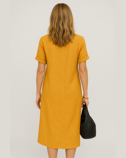 Vestido de Linho com Botões Laterais e Abertura Sofisticada