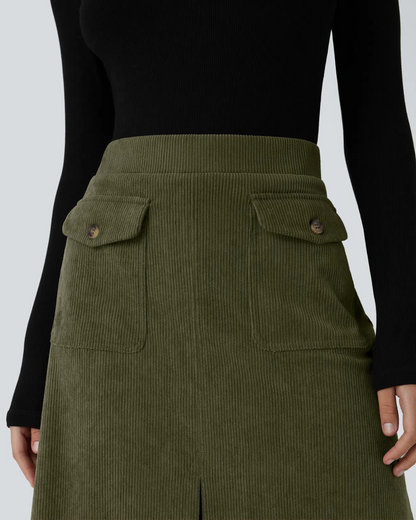 Saia Casual de Bombazina para Mulher com Bolsos e Aba Lateral à Frente