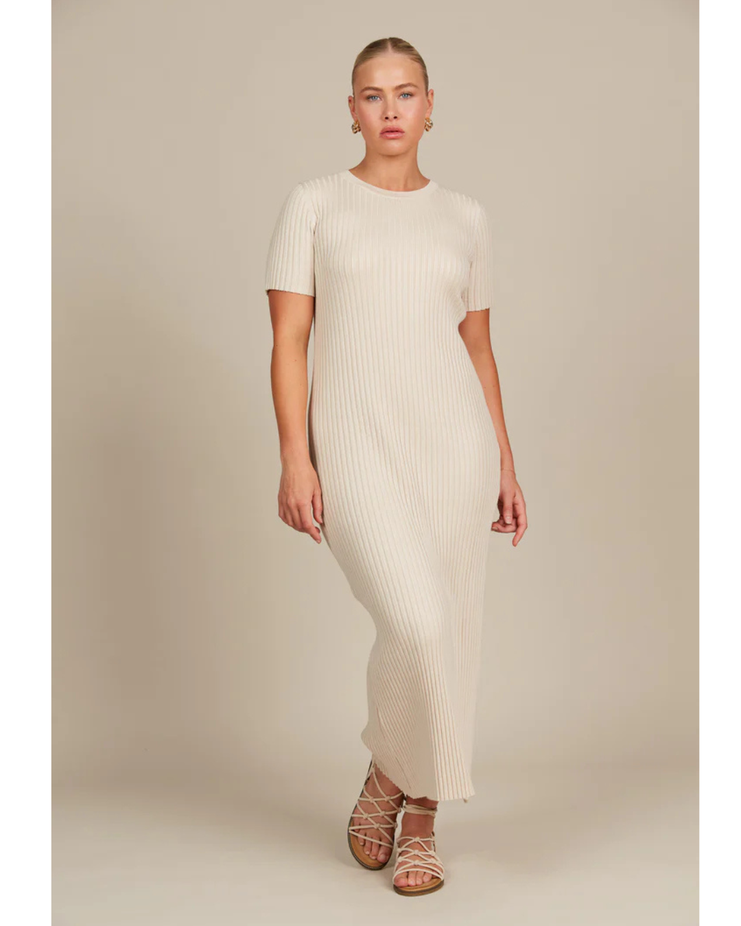 Vestido Comprido de Manga Curta com Canelado para Mulher