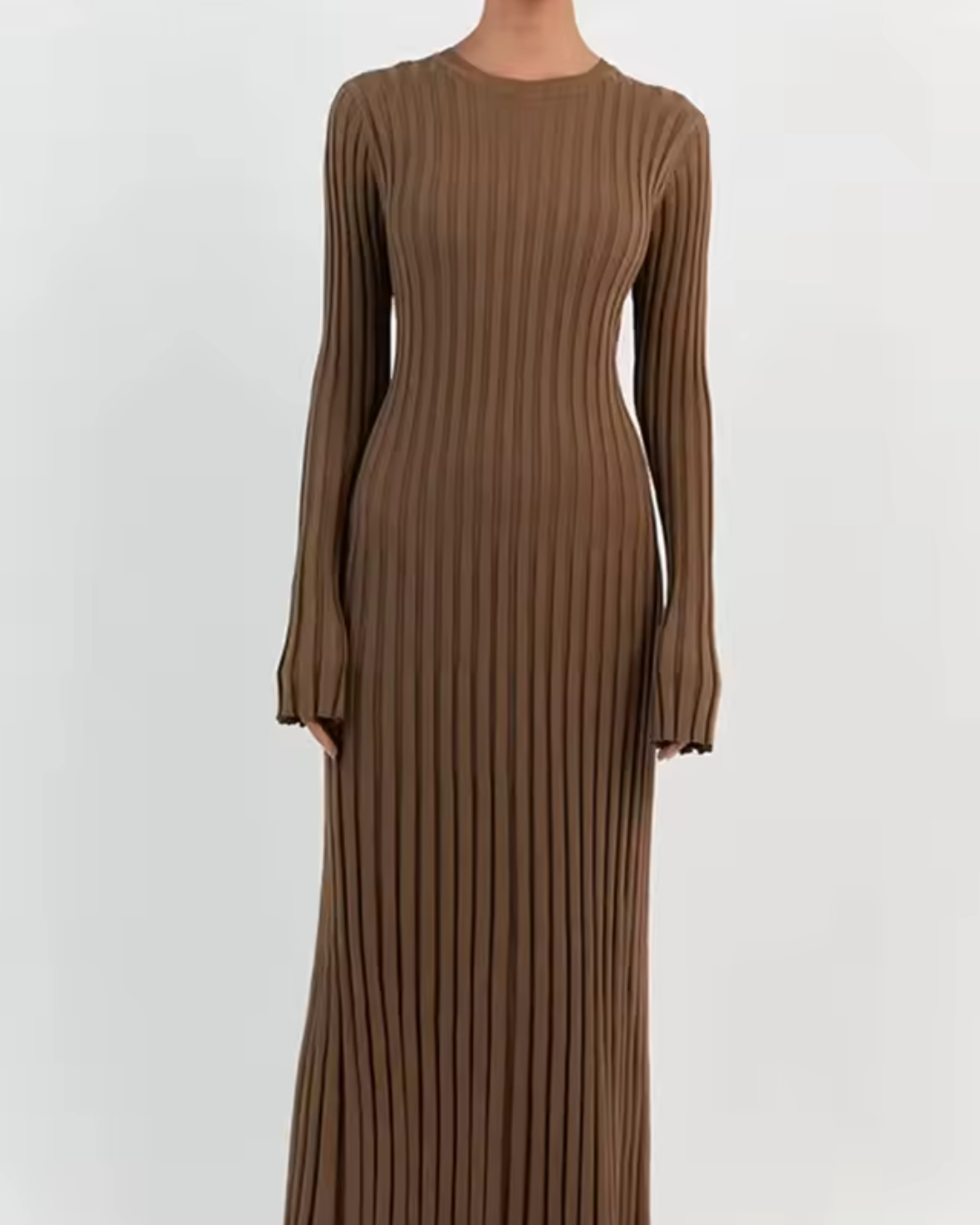 Vestido longo de malha com gola redonda e manga comprida para mulher