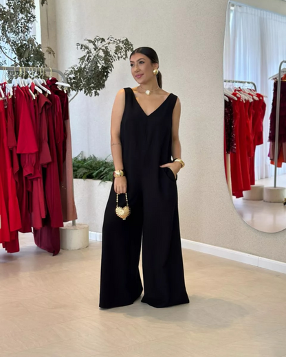 Macacão casual feminino com decote em V