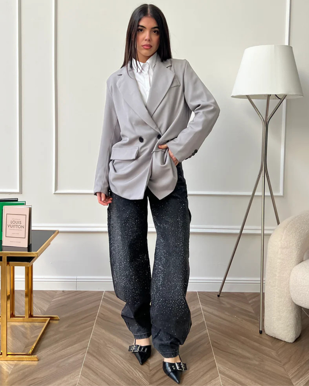 Calças de Ganga Largas com Pormenores de Diamantes e Estilo Cargo