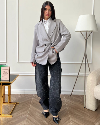 Calças de Ganga Largas com Pormenores de Diamantes e Estilo Cargo