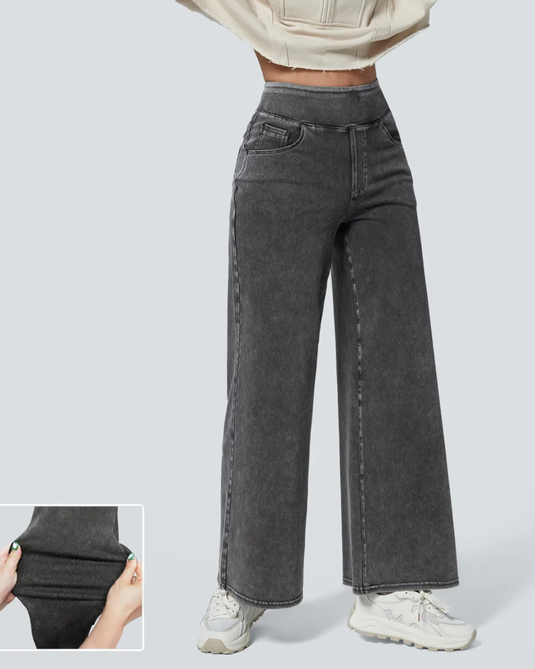 Calcas de Ganga Largas de Cintura Alta com Varios Bolsos para Mulher