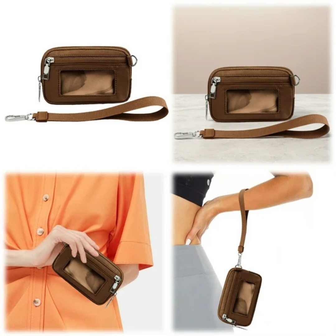 Mini carteira de nylon com janela de identificação e fecho de correr