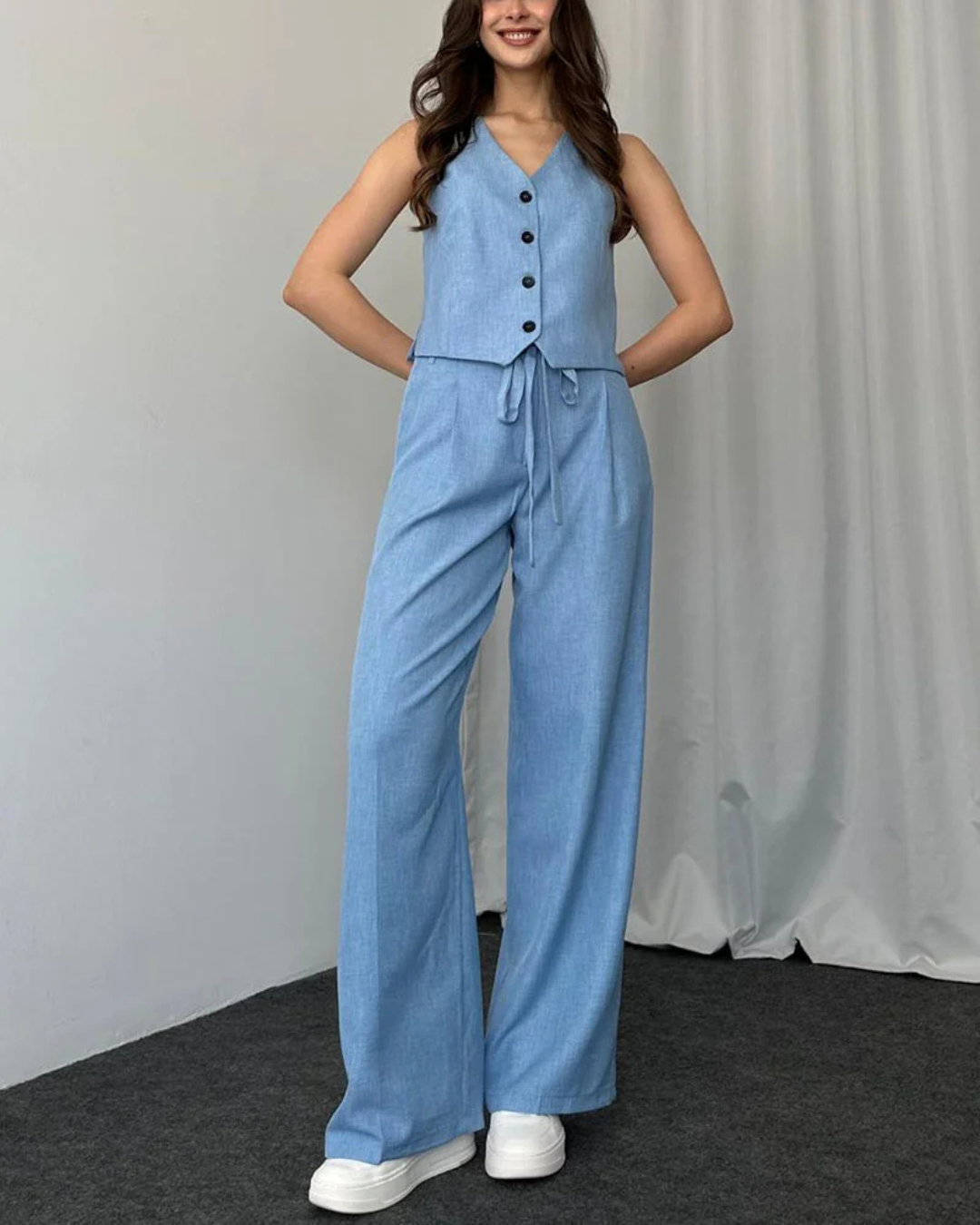 Conjunto de duas peças de colete e calças com cintura ajustável