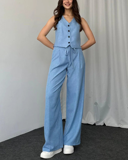 Conjunto de duas peças de colete e calças com cintura ajustável