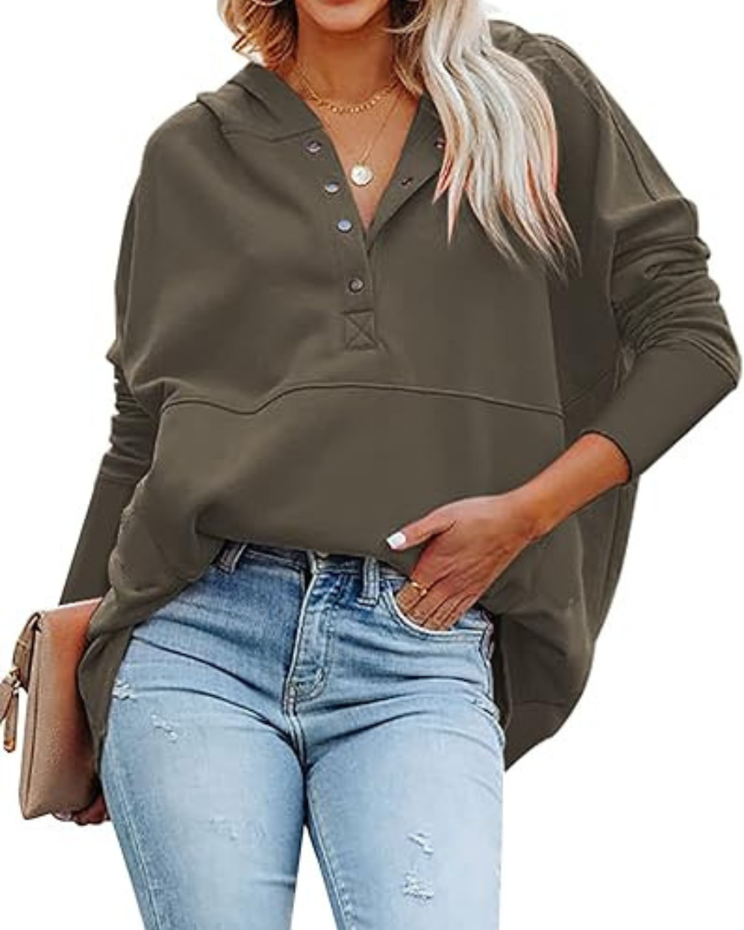 Camisola de Manga Comprida de Tamanho Grande com Decote em V e Botões