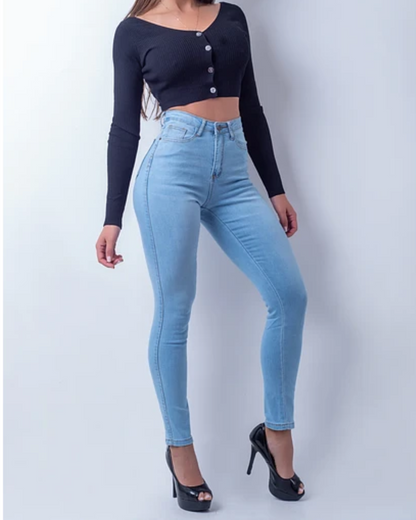 Calças de ganga clássicas de cintura alta para mulher