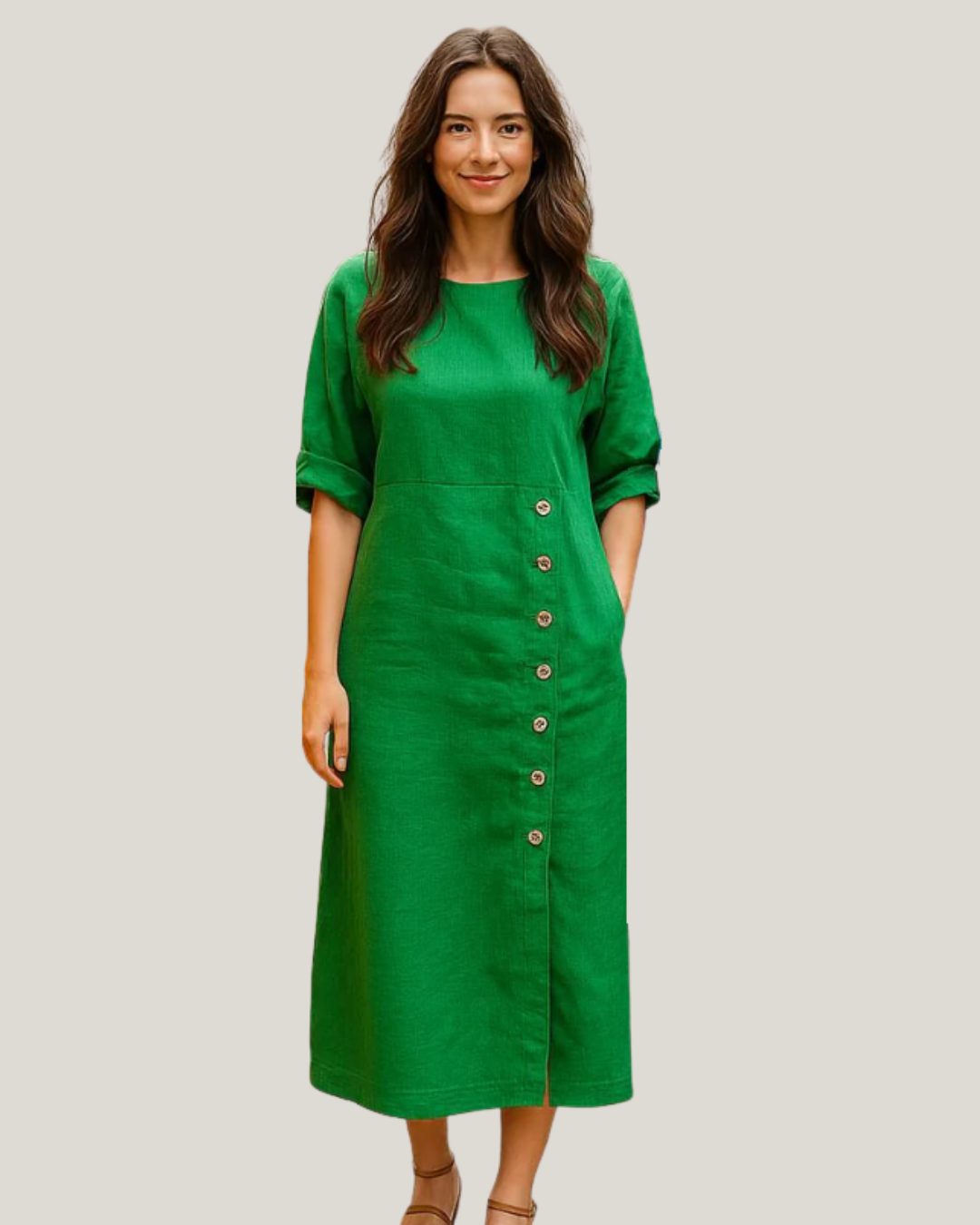 Vestido de Linho com Botões Laterais e Abertura Sofisticada