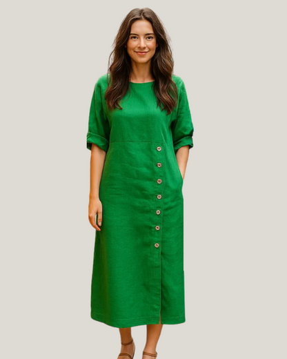Vestido de Linho com Botões Laterais e Abertura Sofisticada