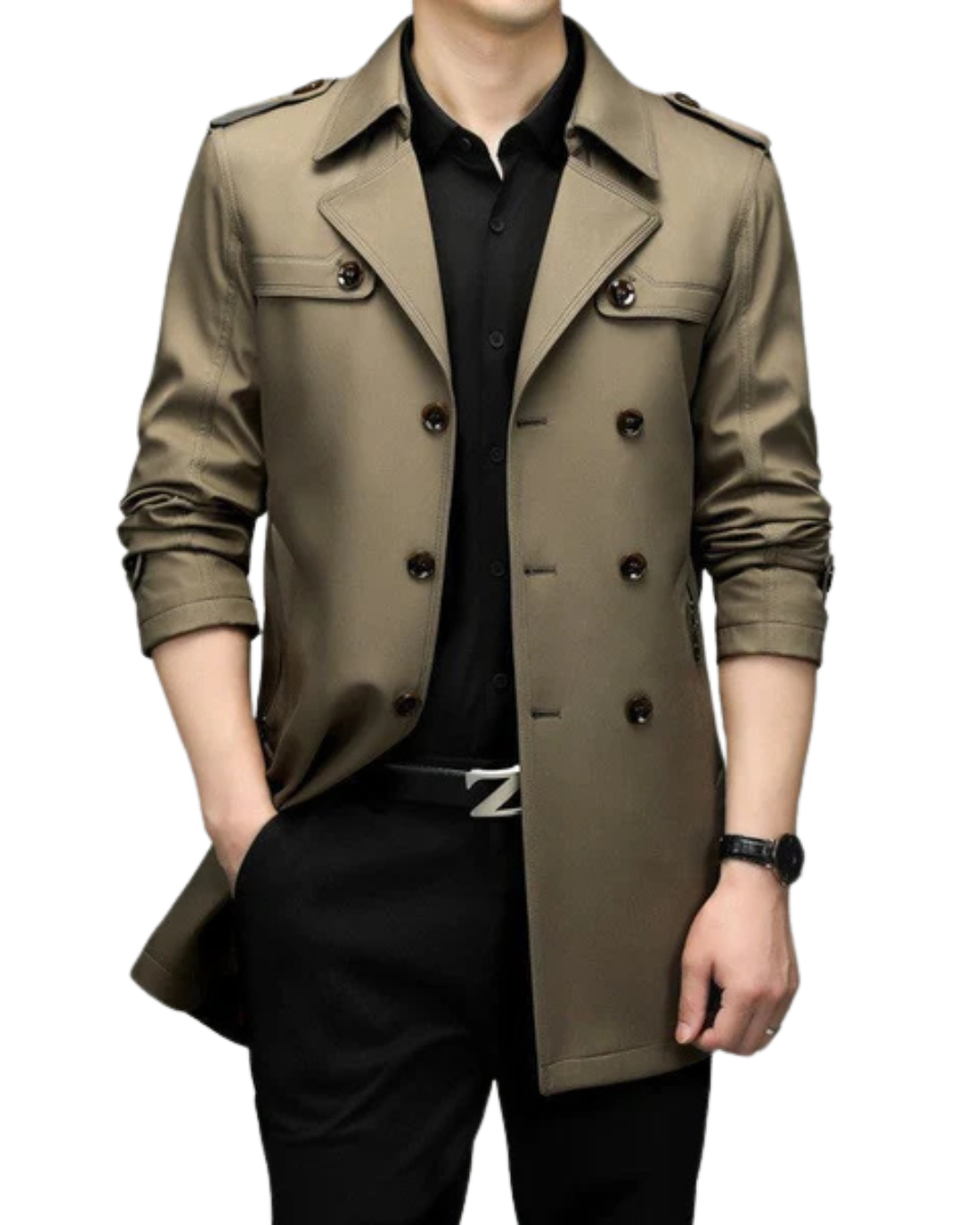 Casaco Clássico Comprido de Gabardina para Homem com Cinto Ajustável na Cintura