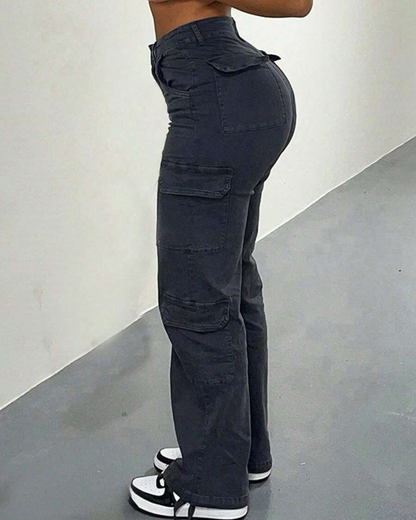 Calças de Cintura Alta Cargo para Mulher com Vários Bolsos