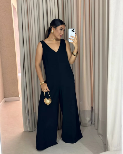 Macacão Casual de Cor Lisa com Decote em V para Mulher