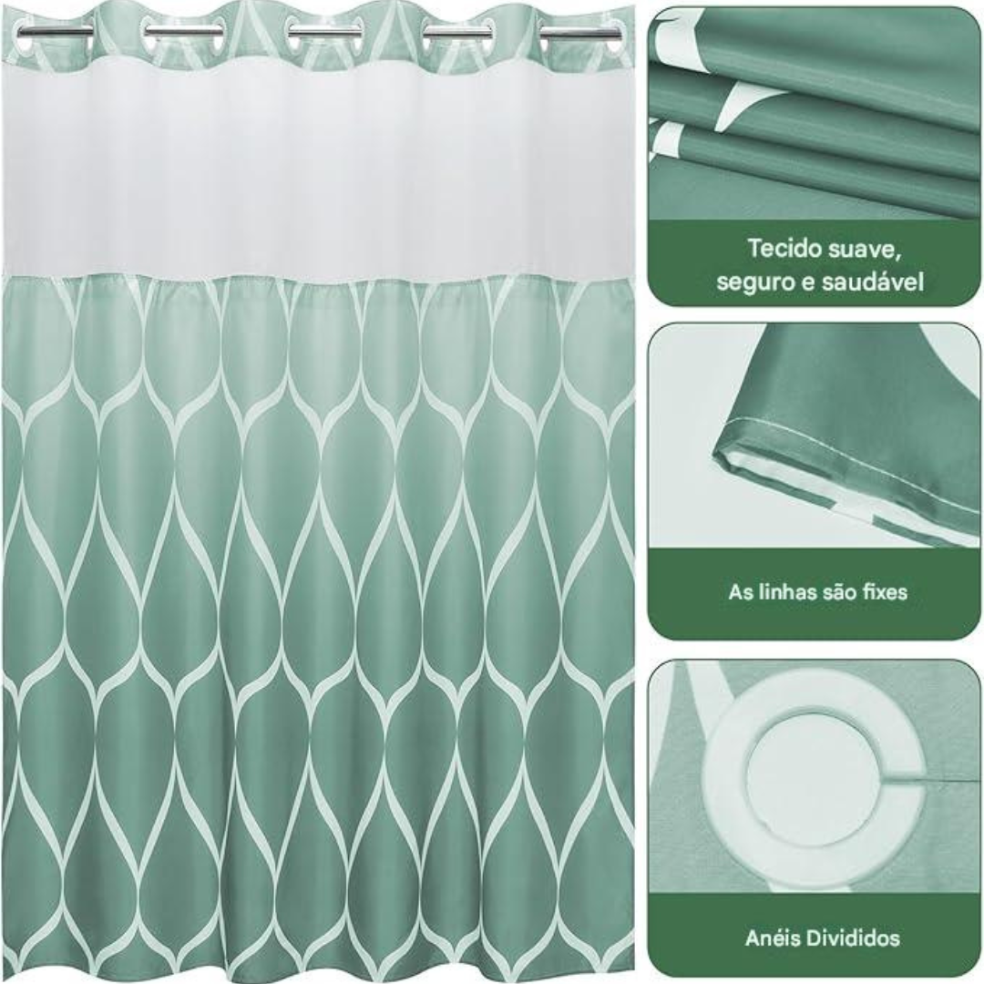 Cortina de Duche Sem Gancho com Janela de Rede Translúcida (Dimensões 188 cm de comprimento x 181 cm de largura)