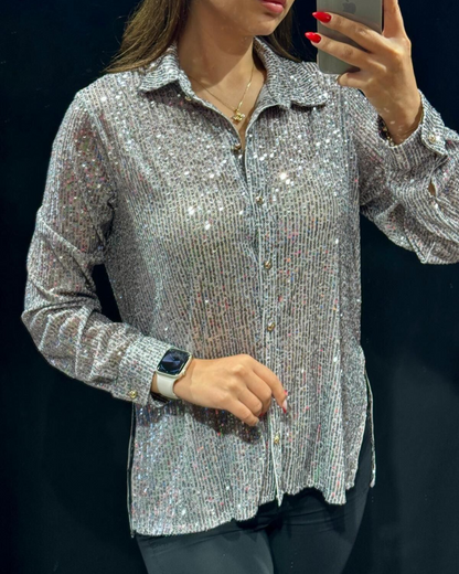 Camisa Casual de Manga Comprida com Lantejoulas e Gola Virada para Baixo