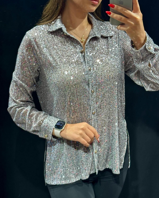 Camisa Casual de Manga Comprida com Lantejoulas e Gola Virada para Baixo