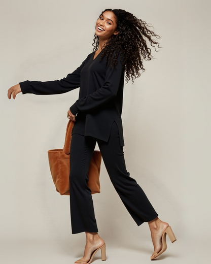 Conjunto folgado de duas peças com camisola com decote em V para mulher