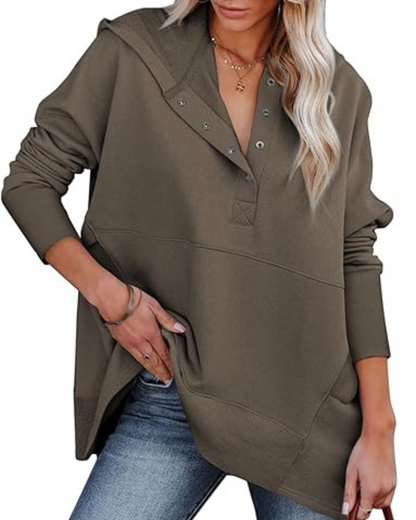 Camisola de Manga Comprida de Tamanho Grande com Decote em V e Botões