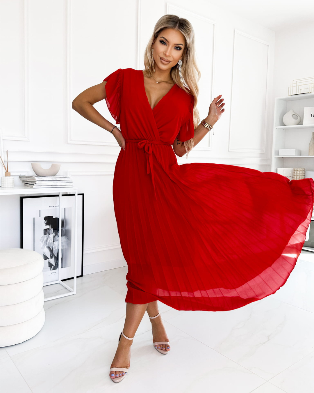 Vestido Comprido Plissado com Cintura Cruzada