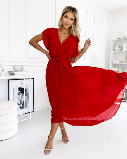 Vestido Comprido Plissado com Cintura Cruzada