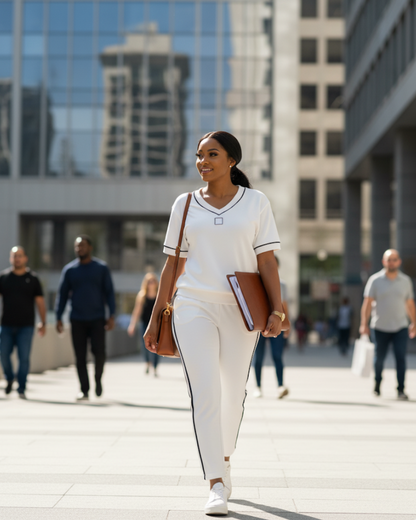 Conjunto elegante de top e calças com decote em V