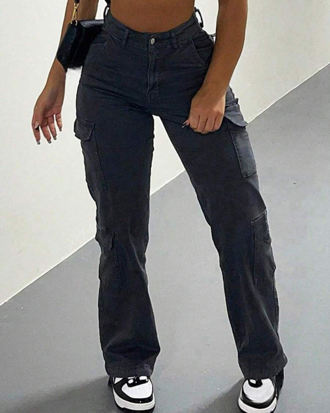 Calças de Cintura Alta Cargo para Mulher com Vários Bolsos