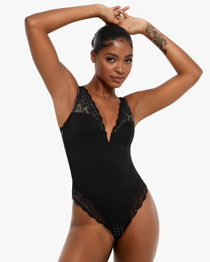 Body Modelador com Decote em V Profundo e Inserção de Renda