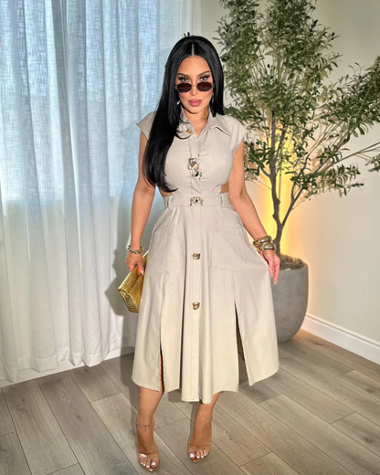 Vestido elegante sem mangas com botões decorativos