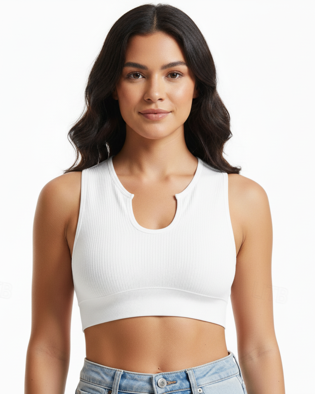 Top desportivo com design canelado e decote original em U para mulheres