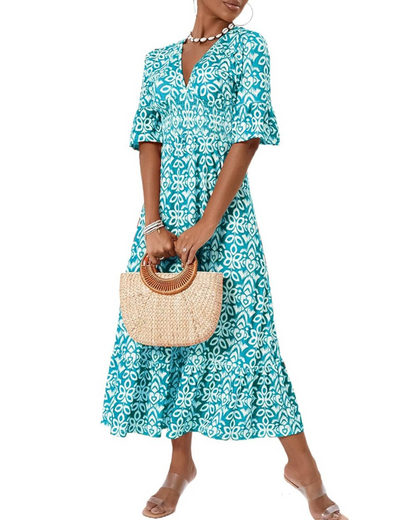 Vestido Comprido Cruzado com Decote em V e Estampado Boémio Casual