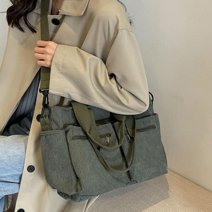 Bolsa de Bombazina com Vários Compartimentos e Design Casual, Ideal para o Dia a Dia e para Viagens.