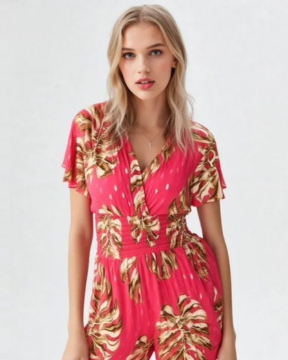 Macacão curto casual com estampado de folhas e decote em V