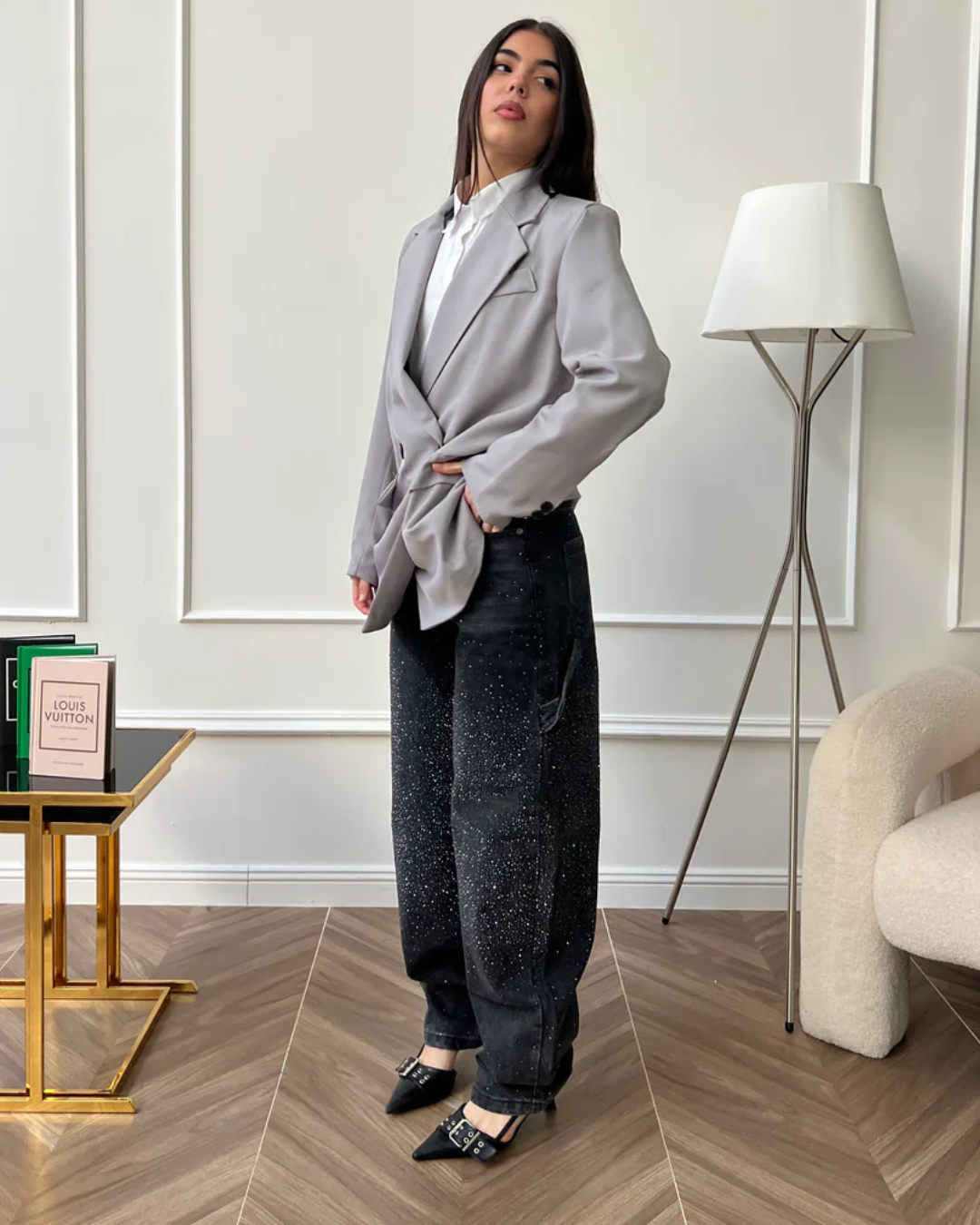 Calças de Ganga Largas com Pormenores de Diamantes e Estilo Cargo