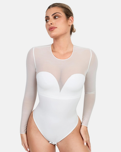 Modelador de Corpo Ilusão em Malha com Mangas Compridas para Controlar a Barriga